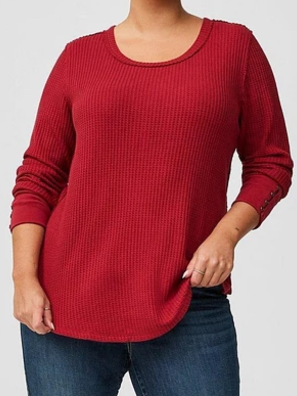 Torrid Womens waffle knit Rhubarb Red Cotton Crew Neck Long Sleeve Top 2X 18-20